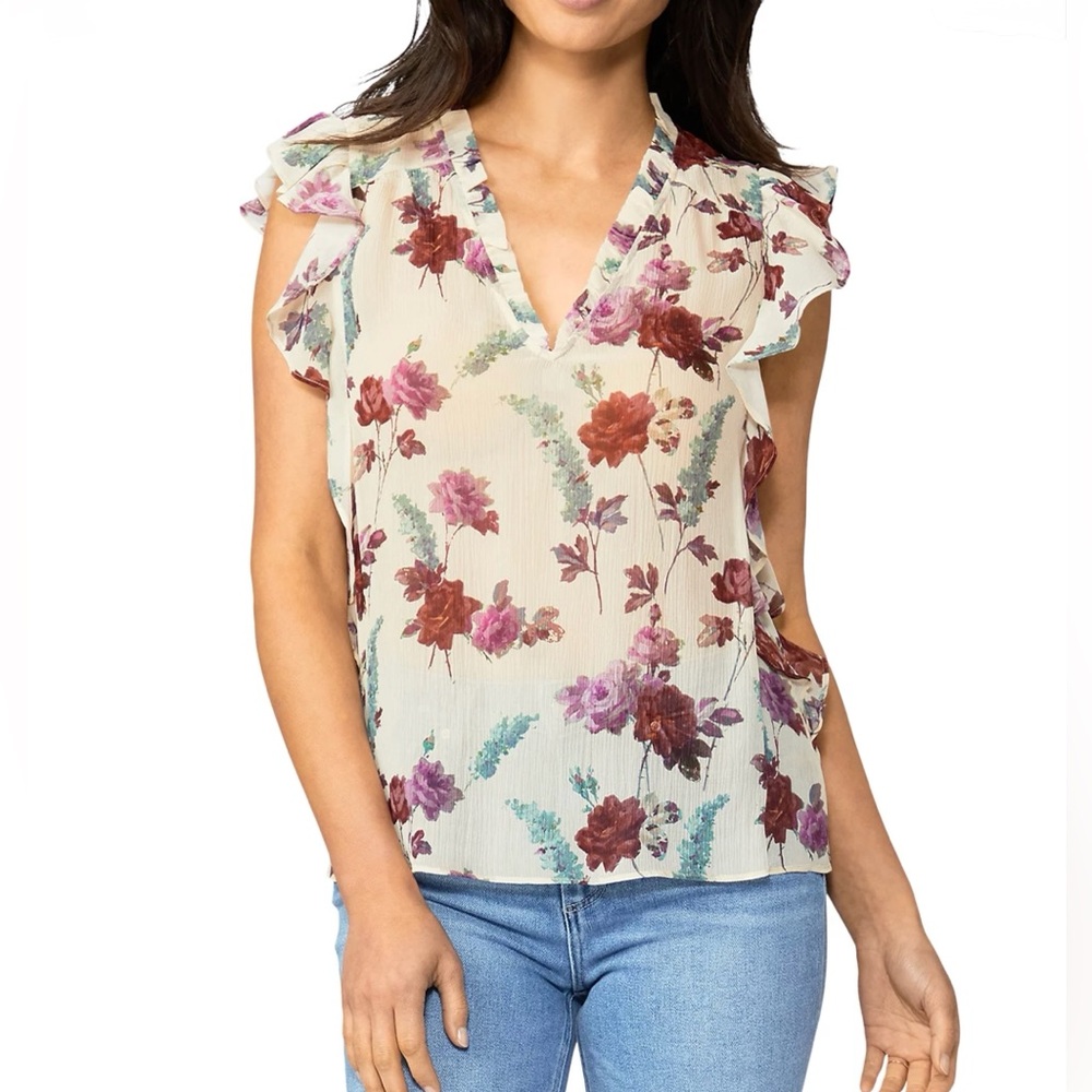 PAIGE Genie Ruffled Floral Silk Sleeveless Blouse M